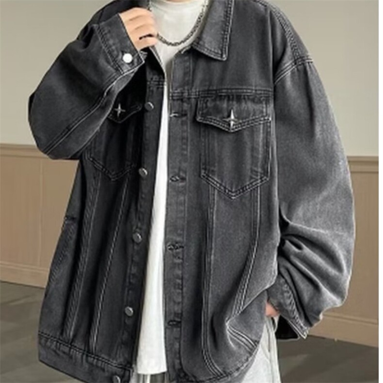 牛仔外套男秋季潮牌美式高街夹克男翻领痞帅宽松休闲褂子上衣服,男装工装外套,星座1210-1