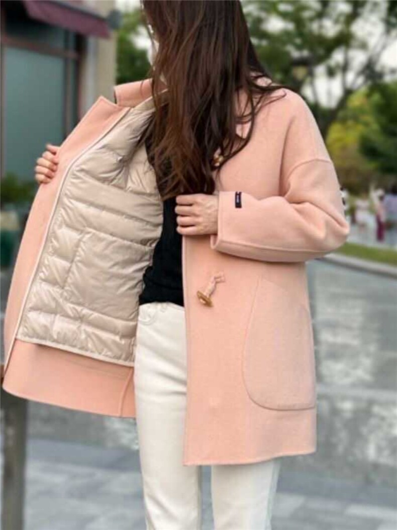 2024秋冬三穿可拆卸羽绒内胆白鸭绒双面毛呢外套小个子呢子大衣女,女装毛呢外套,红依娜