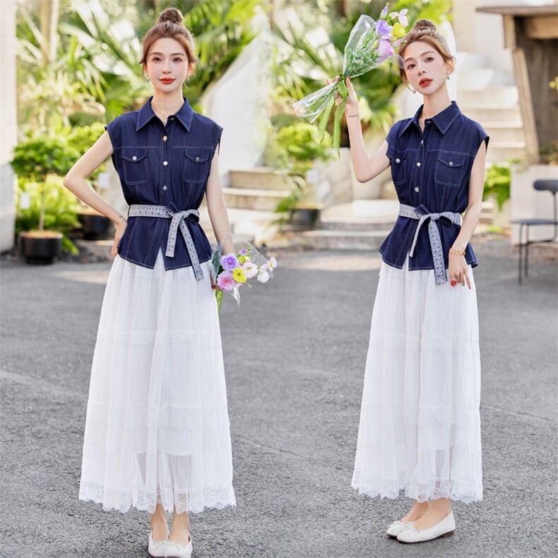 2025年夏季新款牛仔无袖外套半身裙套装两件套，女装套装/套裙，初闻兮