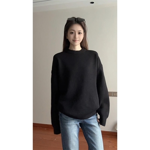 重磅秋冬男女纯色打底针织衫圆领套头半高领毛衣美式复古休闲上衣图片