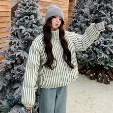 绿色条纹羽绒服女冬季2025新款高级感韩系设计感学院风加厚面包服，女装羽绒服，浙宝193A