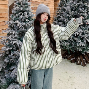 绿色条纹羽绒服女冬季2025新款高级感韩系设计感学院风加厚面包服图片