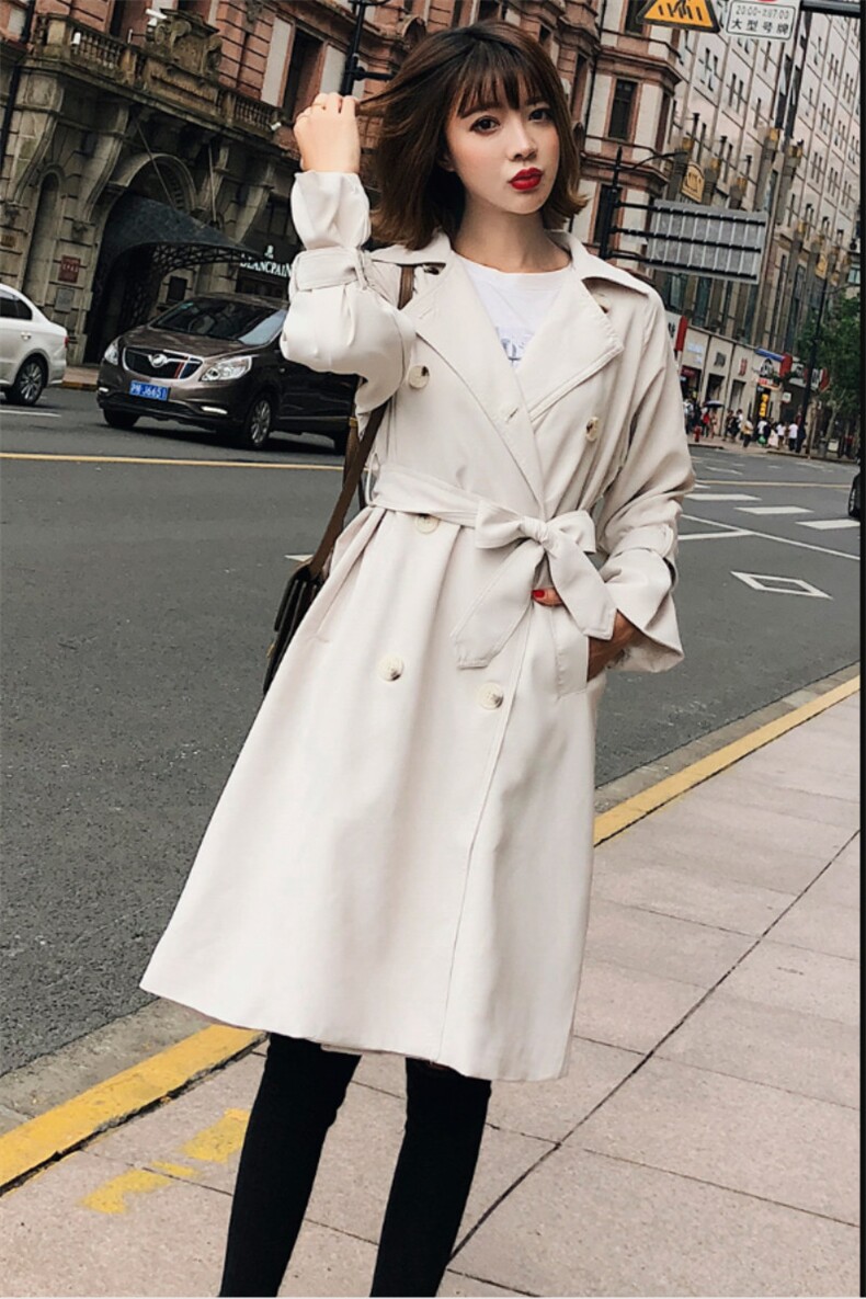 2025秋装新款830韩版系带双排扣中长款宽松风衣女装外套,女装风衣,红依娜