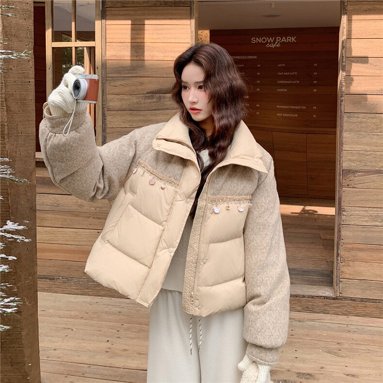 设计感亮片拼接羽绒服女2025冬季新款日系浅卡其色氛围感90绒外套图片