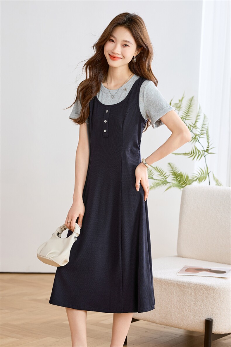 假两件圆领连衣裙女2025年夏季新款气质收腰中长款T恤裙,女装连衣裙,辉之琳