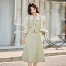 复古假两件修身长袖连衣裙2025春季新款赫本风收腰显瘦A字裙子女，女装连衣裙，铭街依杨