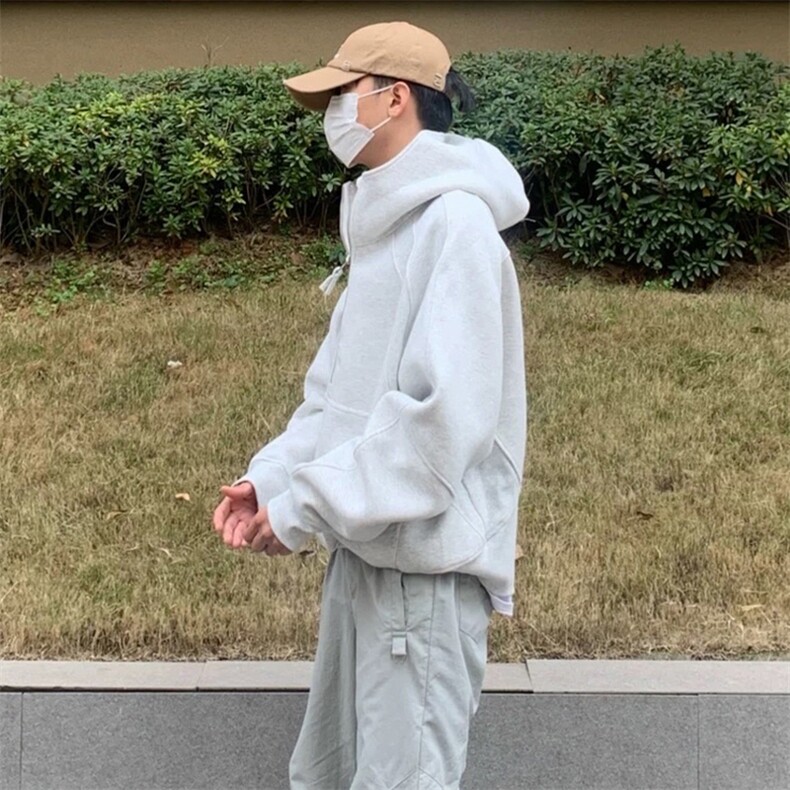 抖音得物二开美式重磅宽松结构拉链设计防风高领连帽卫衣外套W76,男装卫衣,电商A486-1