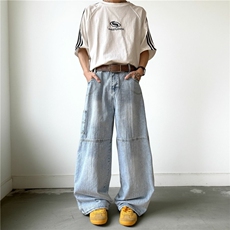 阔腿牛仔裤男款2025夏季新款美式印花弯刀裤宽松痞帅直筒长裤子，男装牛仔裤，电商A306-2