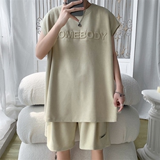 夏季宽松钢印麂皮绒套装男背心短裤两件套港风B299-X5519-P65控85，男装牛仔裤，电商A061-1