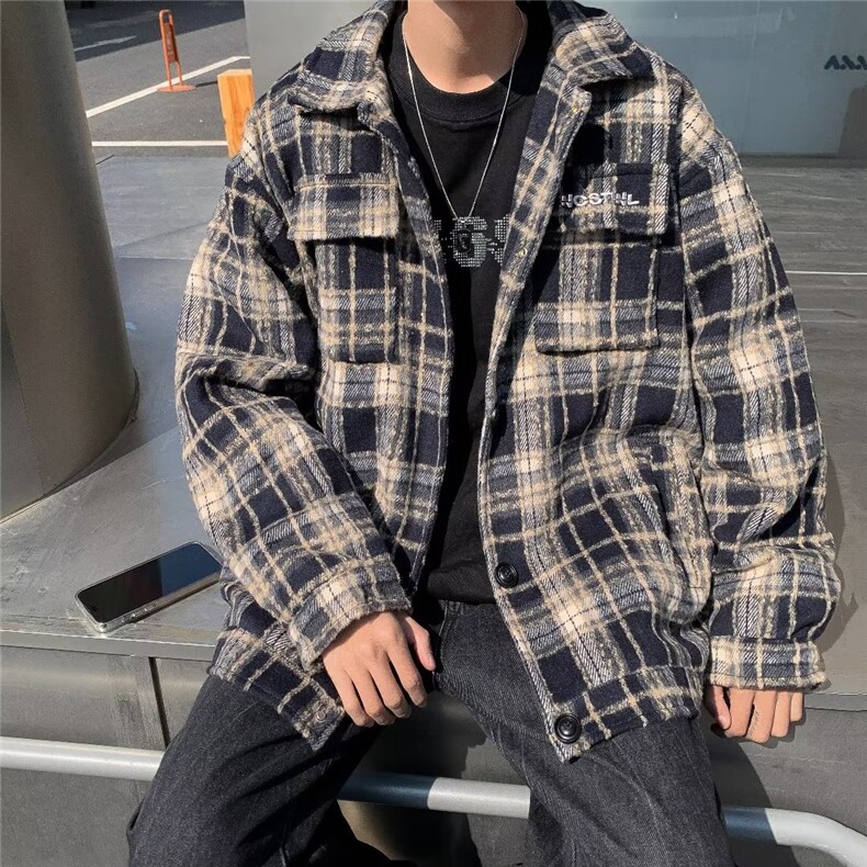 A257-P60 小香风美式情侣痞帅夹克外套男春秋季日系格子上衣服图片