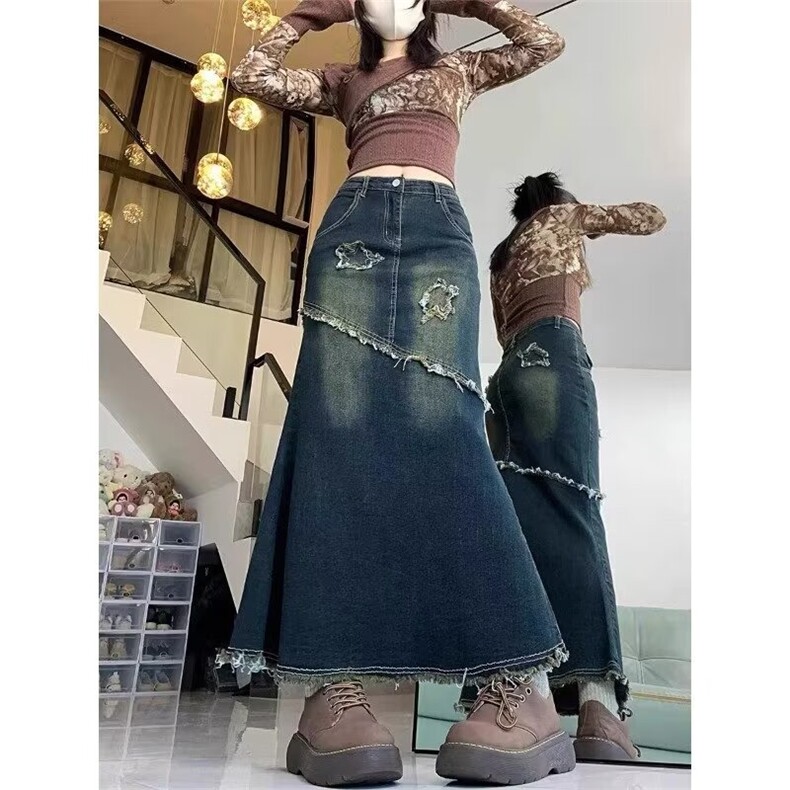 潮流无品牌新款大美版型立裁拼接鱼尾高腰弹力牛仔半裙原宿百搭,女装半身裙,星座1210-1