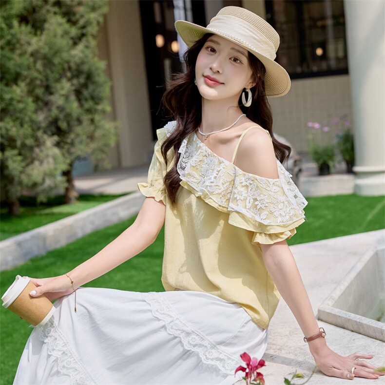 现货重工艺纯色荷叶边一字肩女夏季休闲宽松两件套美静678P135，女装套装/套裙，美静678