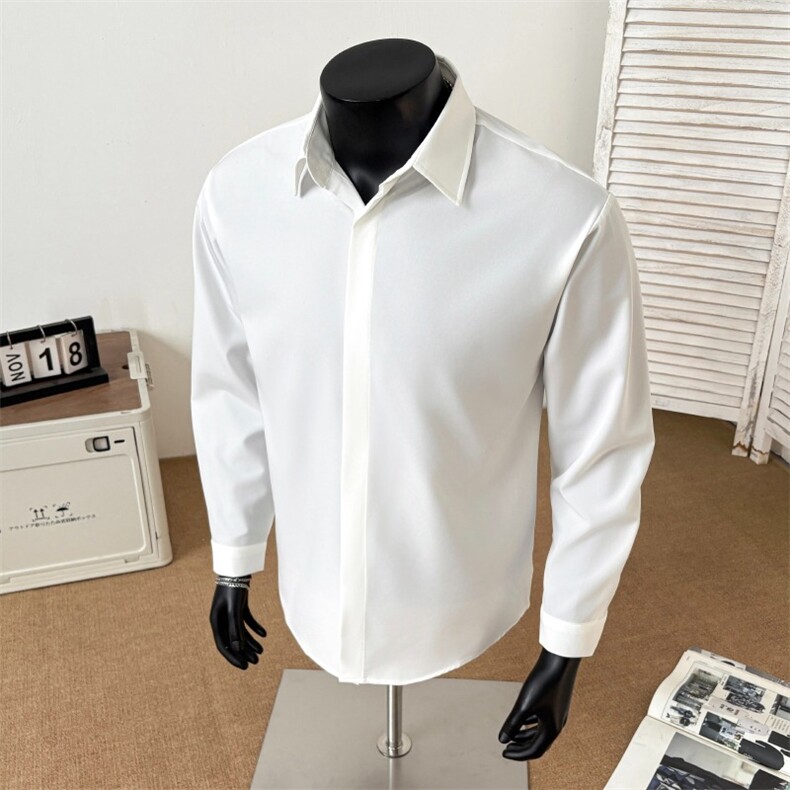 纯色无痕暗扣衬衫男垂感长袖经典款百搭休闲衬衣学生简约S4202，男装衬衫，星座601-1