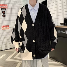 秋冬新款针织衫男女开衫毛衣宽松慵懒风拼色菱格MY168P60鹿毛绒，男装针织衫/毛衣，星座1116-2