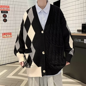 秋冬新款针织衫男女开衫毛衣宽松慵懒风拼色菱格MY168P60鹿毛绒图片
