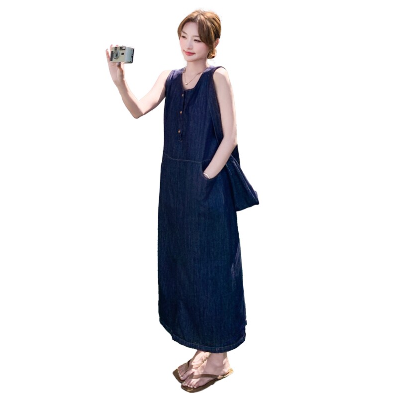 牛仔无袖连衣裙女夏季新款复古通勤显瘦A字中长裙,女装连衣裙,纯色衣恋