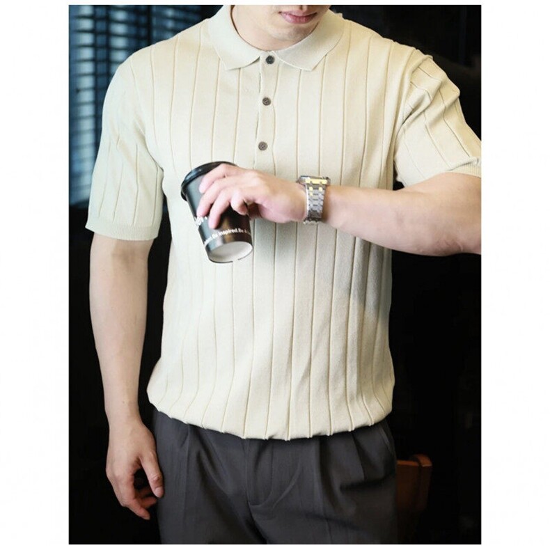 复古坑条纹冰丝短袖针织POLO衫翻领轻熟上衣75030/P55，男装Polo衫，电商A243