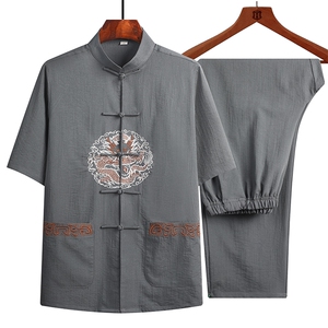 夏季风唐装中年棉麻短袖衬衫太极服宽松套装CF931-套装P90图片