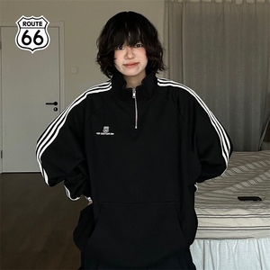 W9650-P48 网图现货 美式复古华棉复合半拉链立领刺绣卫衣图片