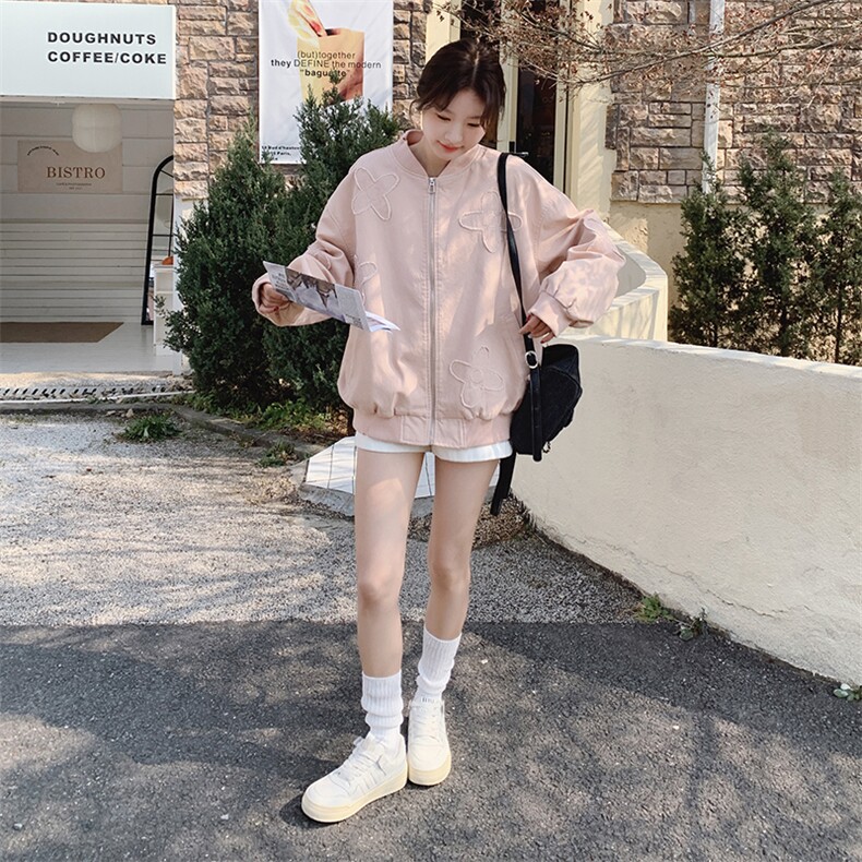 粉色立体绣花棒球服外套女秋季2025新款超火减龄休闲穿搭夹克百搭,女装短外套,2C216