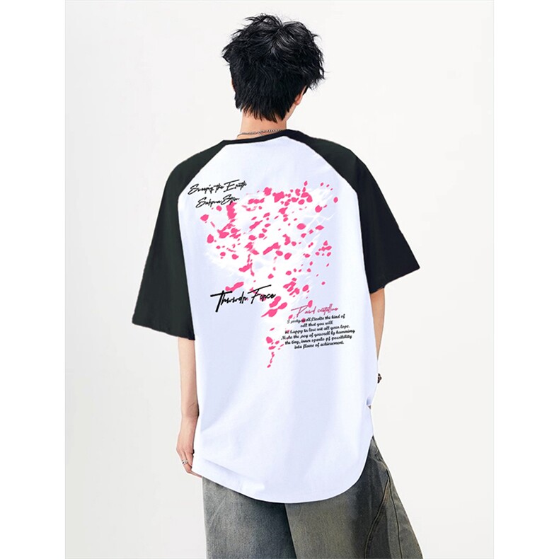 抖音得物高品质二开240克宽松纯棉美式潮牌插肩袖拼接短袖T恤,男装T恤,电商A486