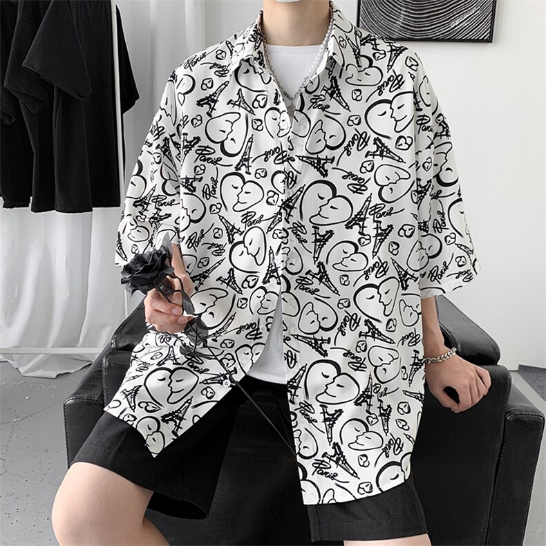 短袖衬衫男港风日系夏季新款休闲潮ins痞帅衬衣A161-2-CT508-P45，男装T恤，电商A161-2
