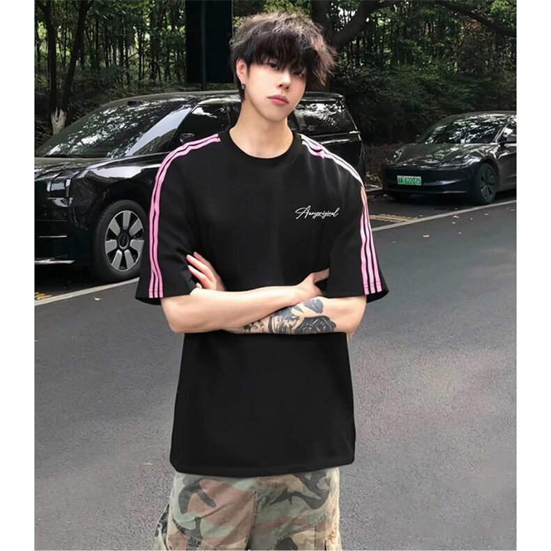 抖音得物品质二开240克宽松纯棉美式潮牌印花三条杠中性风短袖T恤，男装T恤，电商A486