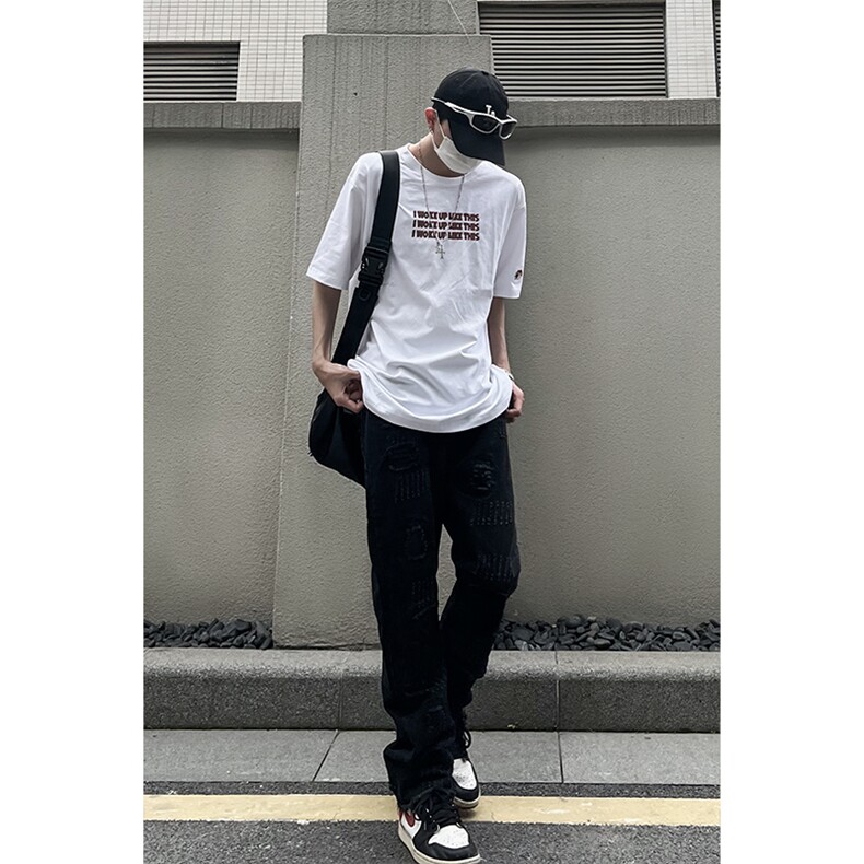 B221美式ins高街小众假破洞修身微喇牛仔裤LK22065-P65控88,男装牛仔裤,电商B221