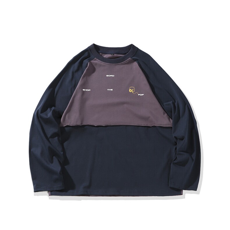 南夏乔装2025春季新款日系拼接撞色长袖T恤复古情侣宽松圆领卫衣，男装T恤，电商S006（B521）