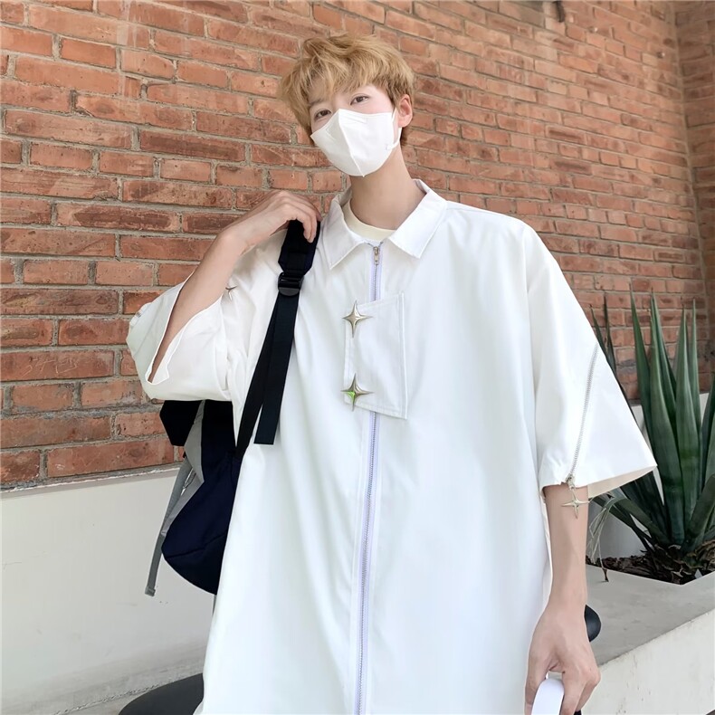 美式高街痞帅衬衫男短袖宽松拉链设计感上衣夏季潮流休闲半袖衬衣,男装T恤,星座1210-1