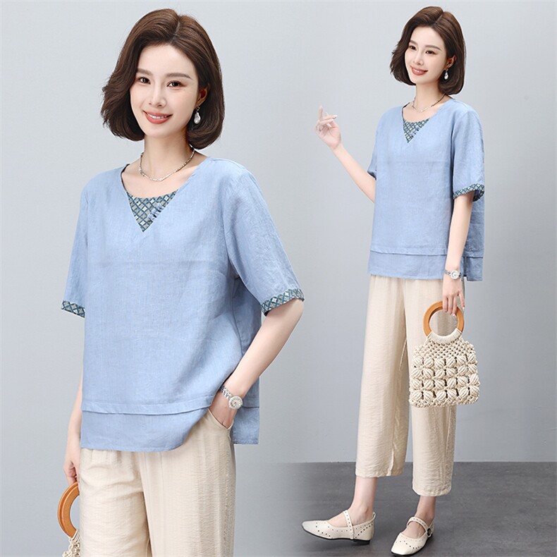 时尚百搭亚麻套装女夏季新款宽松显瘦短袖上衣阔腿裤两件套，女装套装/套裙，凝聚力