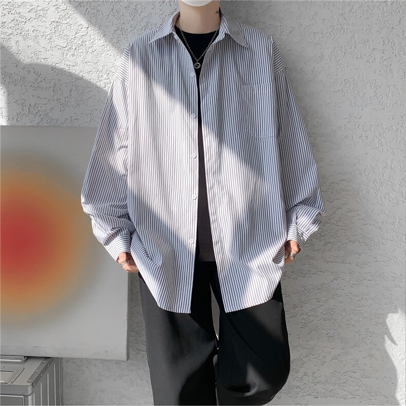 春夏条纹衬衫男长袖薄款痞帅高级感宽松慵懒风大码衬衣CS29003P45,男装衬衫,电商B312