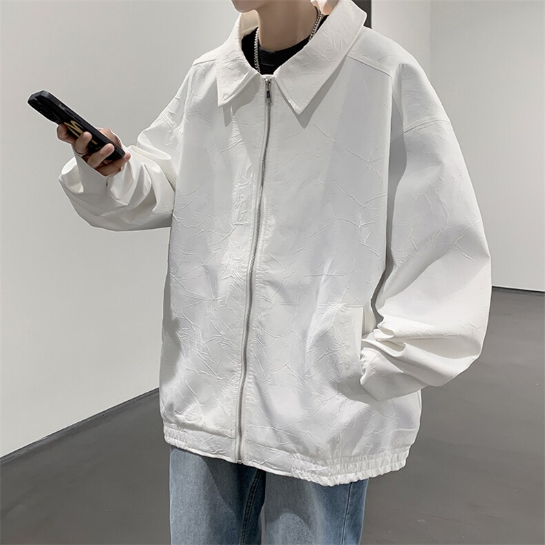 秋季金属尼龙褶皱夹克拉链纯色外套男韩版潮流休闲简约翻领氛围感图片