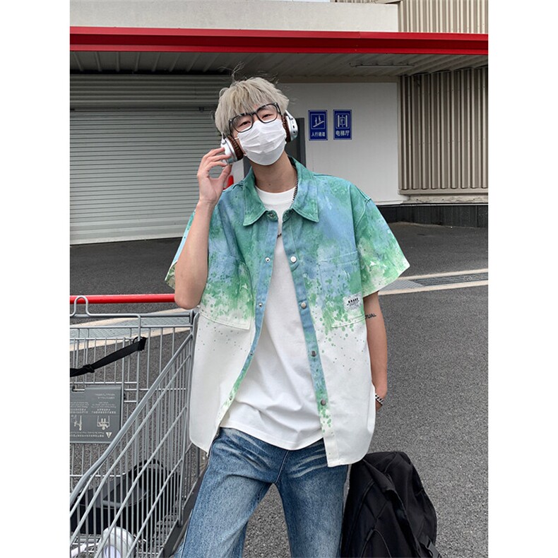 扎染短袖衬衫男生夏季薄美式高街水洗渐变情侣炸街五分袖衬衣外套,男装衬衫,电商A007