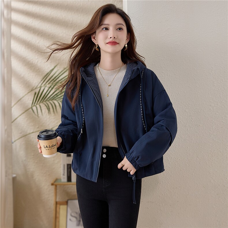格纹拼接连帽夹棉加厚外套女2025冬季新款宽松显瘦保暖派克服棉衣,女装棉衣/棉服,涵誉