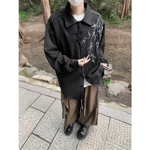 新中式长袖衬衫男款春秋竹子印花唐装汉服宽松休闲外套45339-p45图片