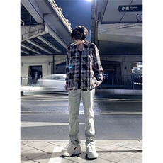 美式复古格子长袖衬衫男女潮牌慵懒风宽松痞帅衬衣外套G4040-p45，男装衬衫，星座1008