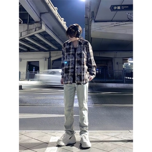 美式复古格子长袖衬衫男女潮牌慵懒风宽松痞帅衬衣外套G4040-p45