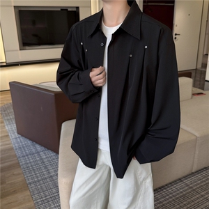 春秋男士衬衫外套韩版休闲长袖衬衫打底西装领铆钉装饰衬衫 P42图片