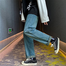送腰带~港风宽松秋季中性INS风直筒阔腿裤牛仔裤男9258-P35，男装牛仔裤，电商A080