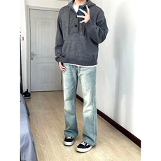 重磅秋冬装北极绒开衫毛衣美式复古休闲慵懒风针织衫加厚连帽外套，男装针织衫/毛衣，电商A486