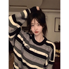 Q60-P47美式复古学院风条纹毛衣女秋冬日系慵懒风潮牌宽松，男装T恤，电商B323A