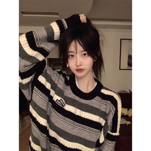 Q60-P47 美式复古学院风条纹毛衣女秋冬日系慵懒风潮牌宽松图片
