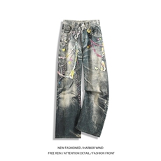 抖音品质夏季新款美式高街裤链宽松牛仔裤B315-K25445-特p50控98，男装牛仔裤，电商B315