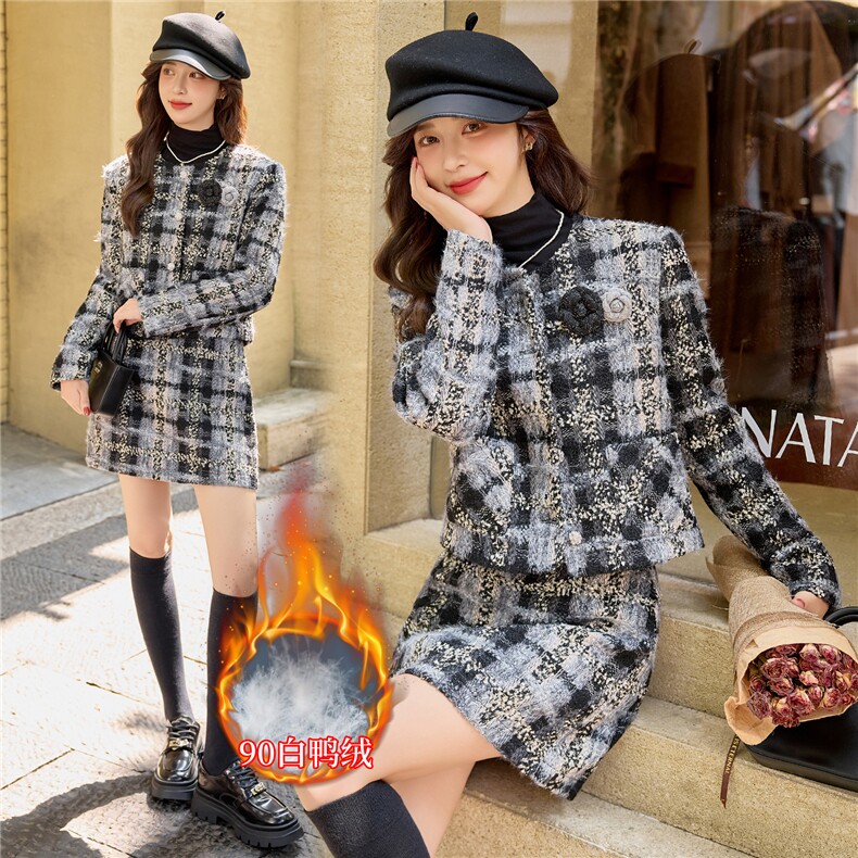 【bao款主推现货】2025冬装新款格纹套装配胸花含30羊毛90白鸭绒,女装套装/套裙,雅静靓衣