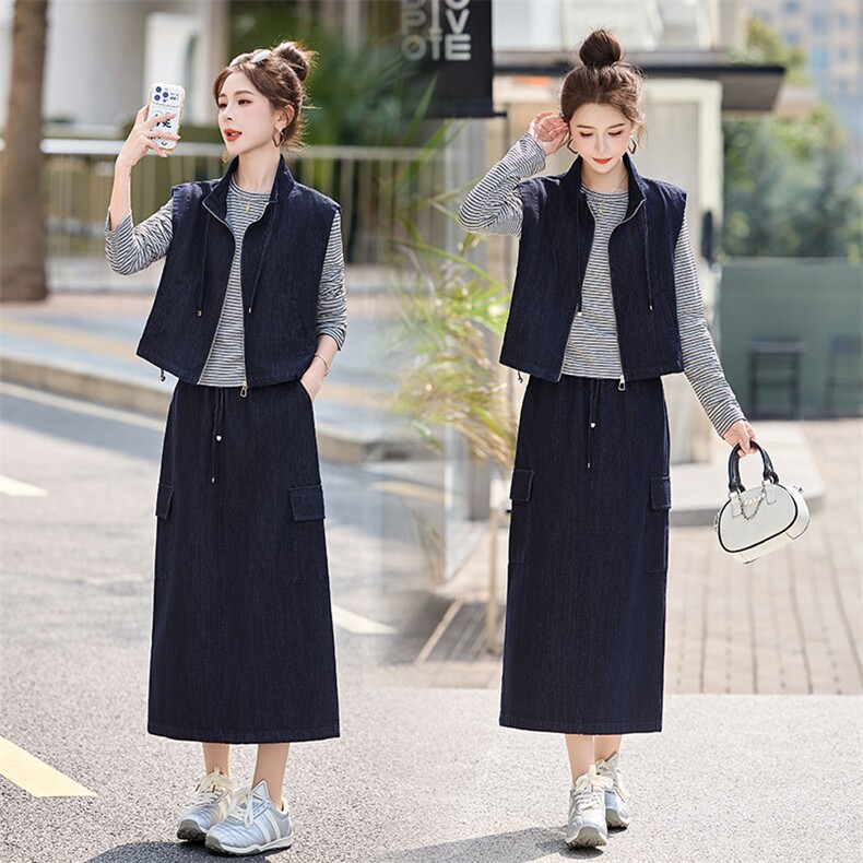 牛仔马甲半身裙套装女2026新款早春一整套穿搭条纹上衣裙子三件套，女装套装/套裙，浙宝029