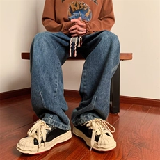 美式复古抽绳牛仔裤男款日系oversize裤子ins高街直筒裤N3370-P45，男装牛仔裤，星座1008-1