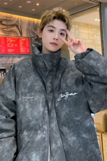 港风立领PU皮复古做旧金属印花字母设计棉衣男MY77732P130控178，男装棉衣，星座227-7