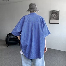蓝色格子衬衫男短袖2026夏季日系复古街头青少年宽松休闲半袖，男装衬衫，星座218-1（原230）
