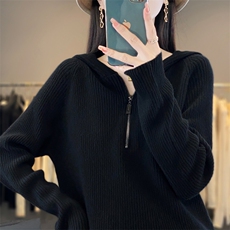 半开领拉链100%纯羊毛帽衫女秋冬新款坑条毛衣连帽羊绒衫针织卫衣，女装羊毛衫，忠诺羊绒
